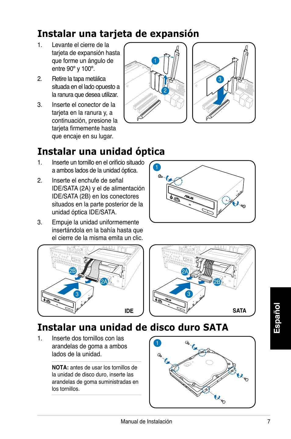 Instalar una tarjeta de expansión, Instalar una unidad óptica, Instalar una unidad de disco duro sata | Español | Asus P3-PH4 User Manual | Page 39 / 80