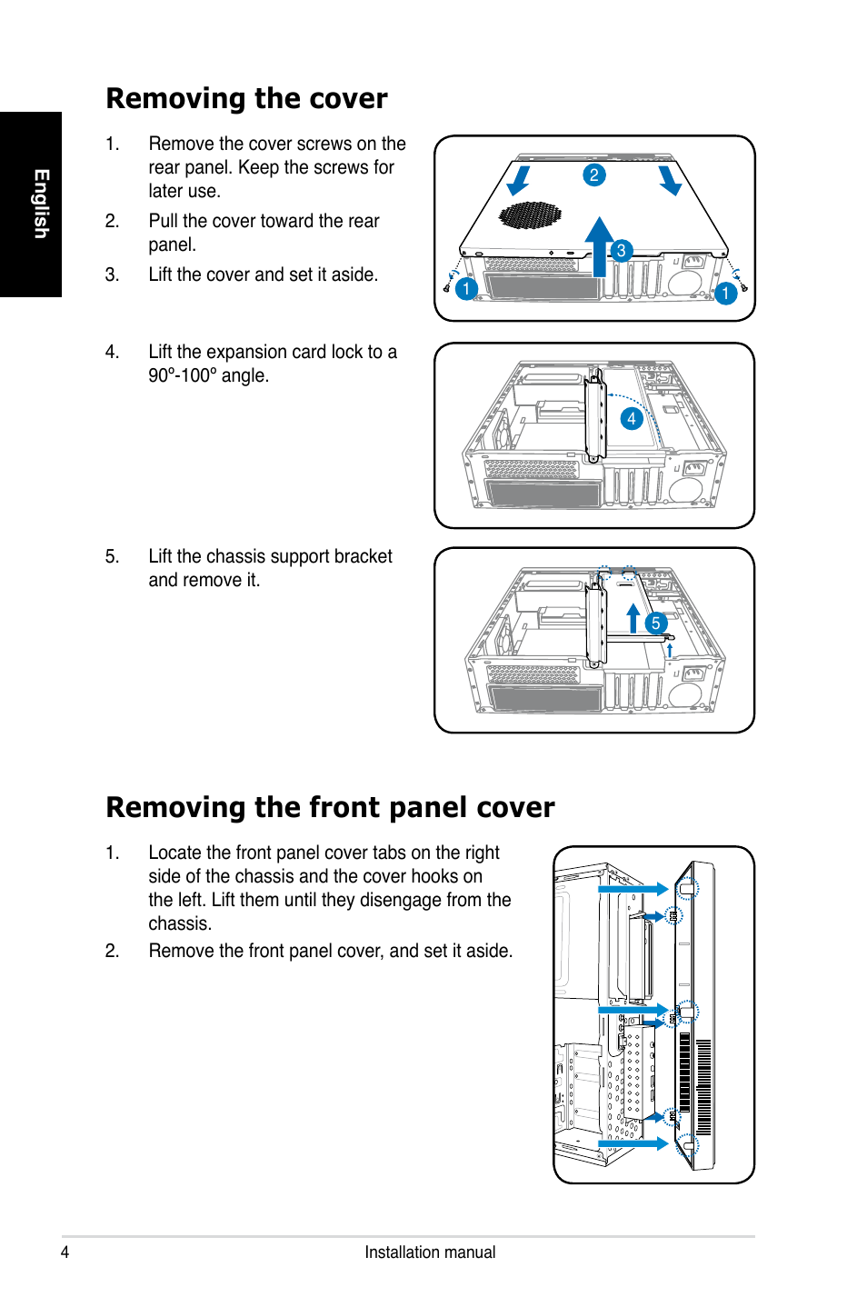 Removing the cover, Removing the front panel cover | Asus P3-PH4 User Manual | Page 4 / 80