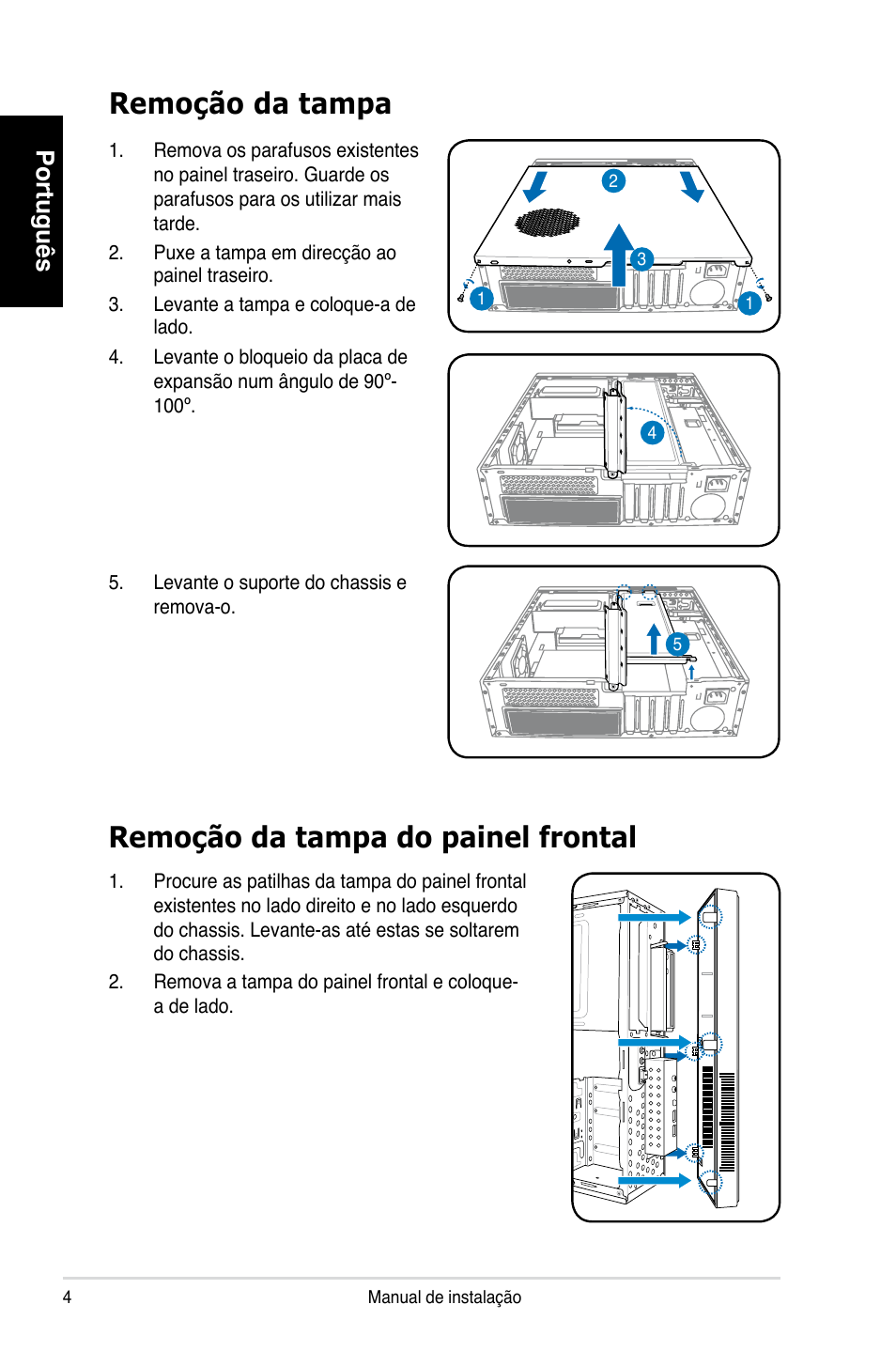 Remoção da tampa, Remoção da tampa do painel frontal, Português | Asus P3-PH4 User Manual | Page 52 / 80