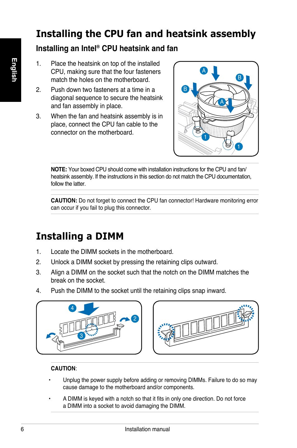 Installing the cpu fan and heatsink assembly, Installing a dimm, Installing an intel | Cpu heatsink and fan | Asus P3-PH4 User Manual | Page 6 / 80