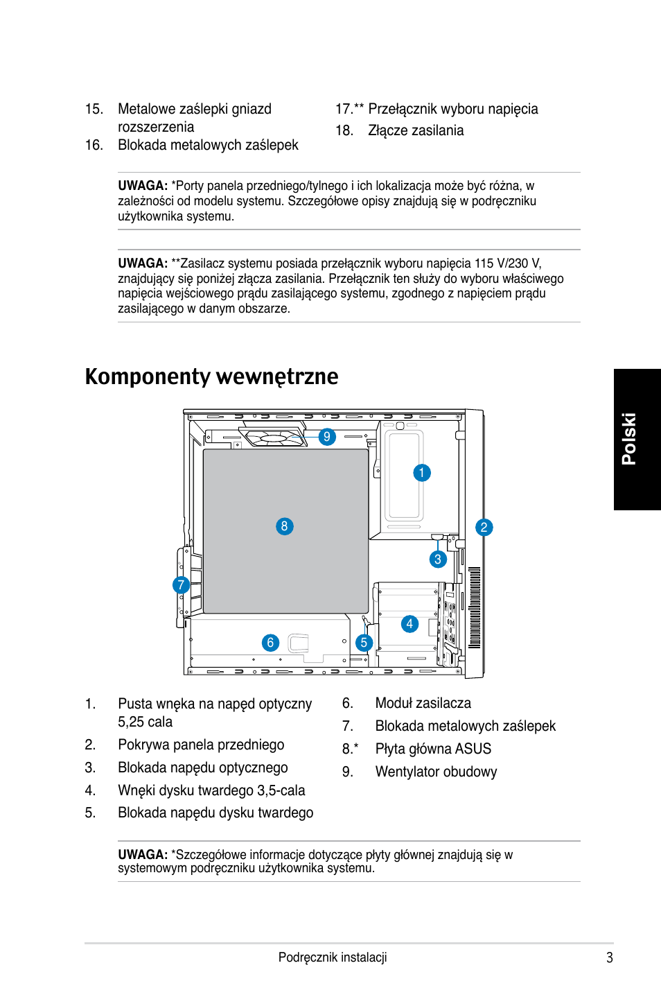 Komponenty wewnętrzne, Polski | Asus P3-PH4 User Manual | Page 67 / 80