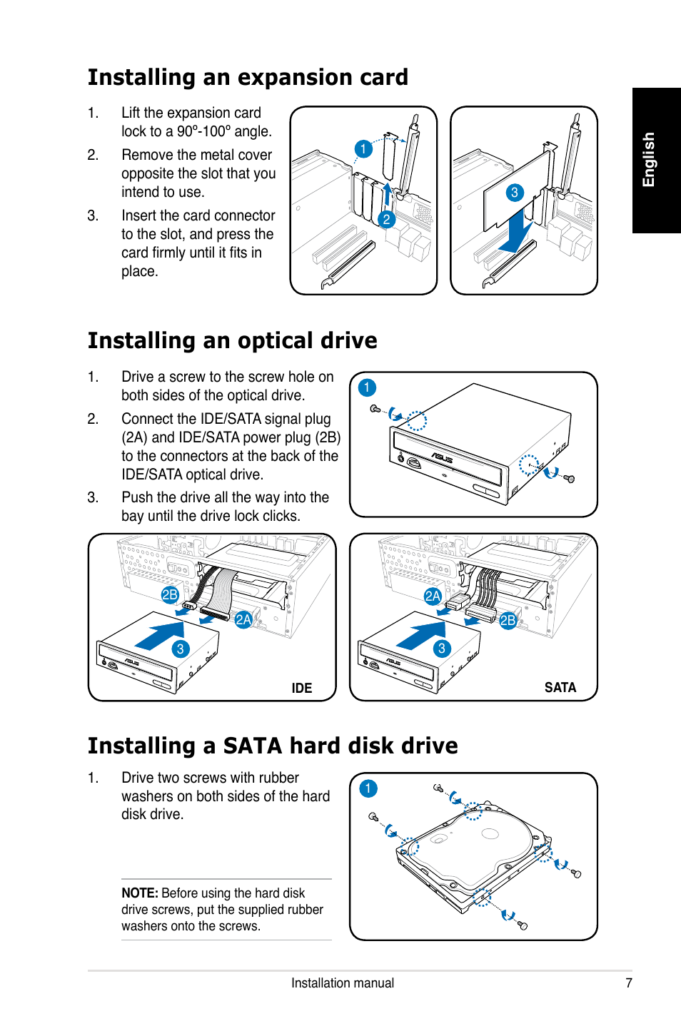 Installing an expansion card, Installing an optical drive, Installing a sata hard disk drive | Asus P3-PH4 User Manual | Page 7 / 80