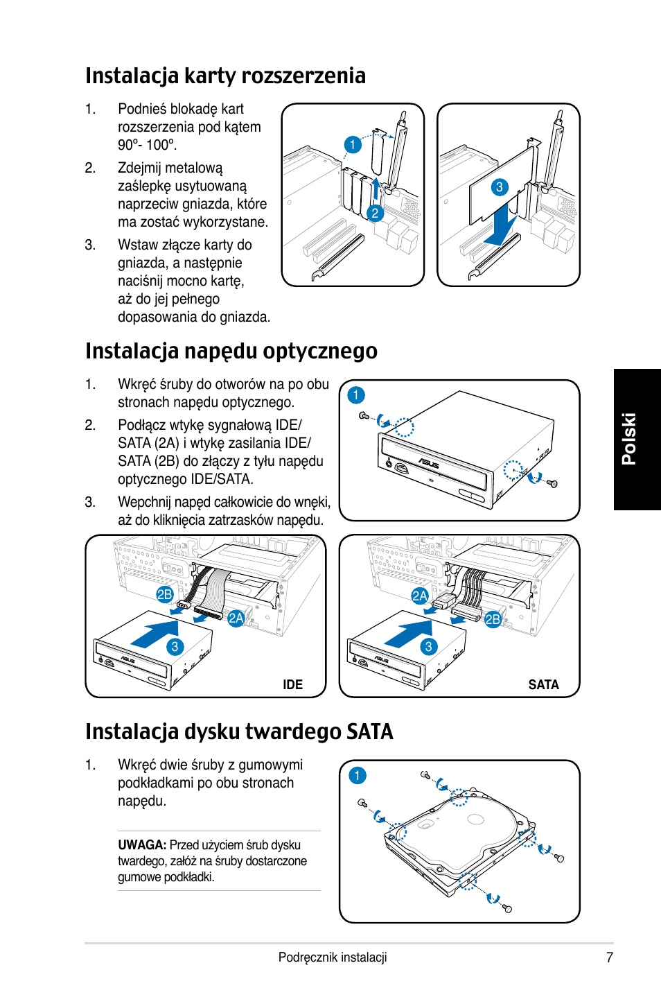 Instalacja karty rozszerzenia, Instalacja napędu optycznego, Instalacja dysku twardego sata | Polski | Asus P3-PH4 User Manual | Page 71 / 80