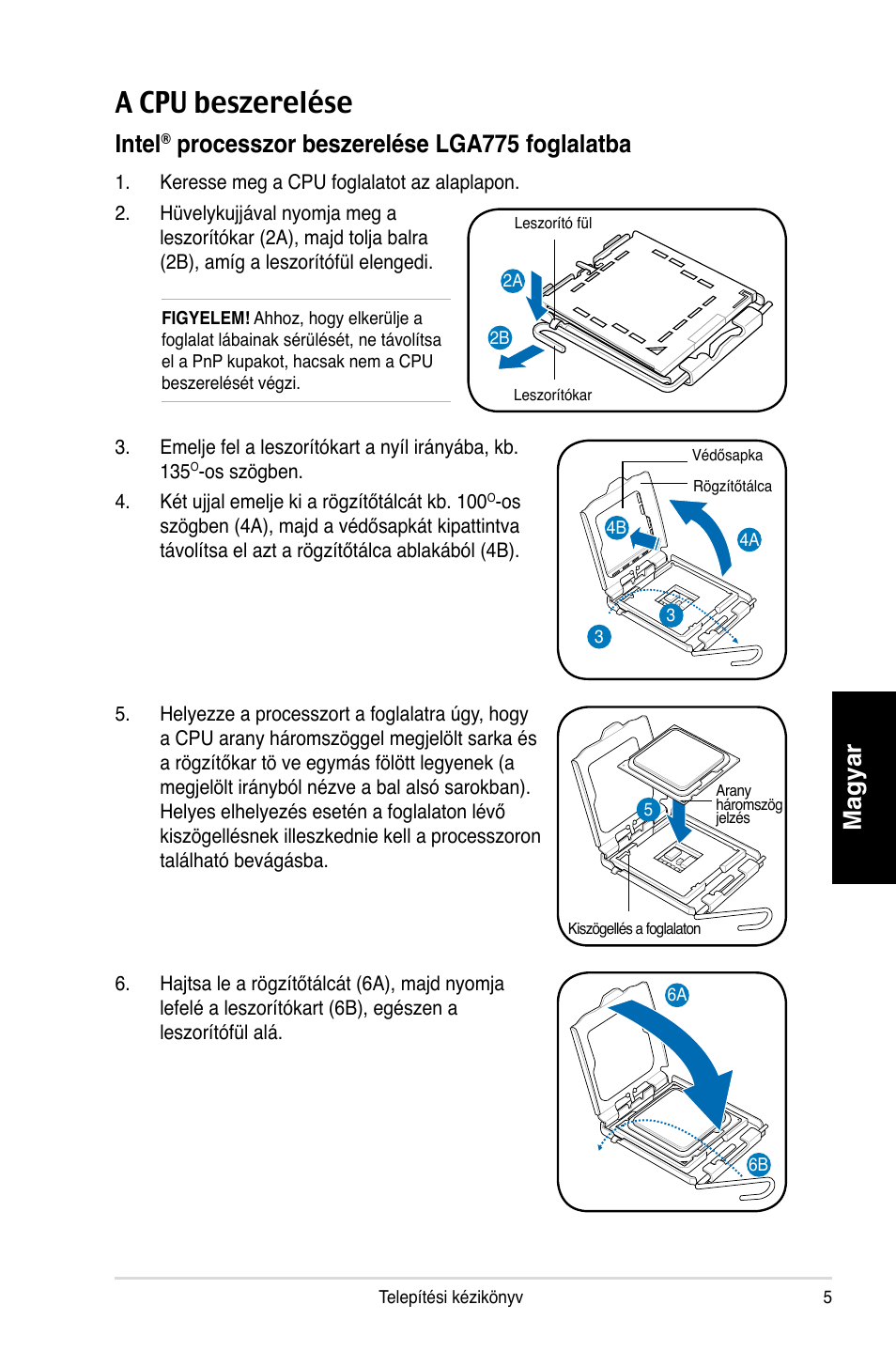 A cpu beszerelése, Magyar, Intel | Processzor beszerelése lga775 foglalatba | Asus P3-PH4 User Manual | Page 77 / 80