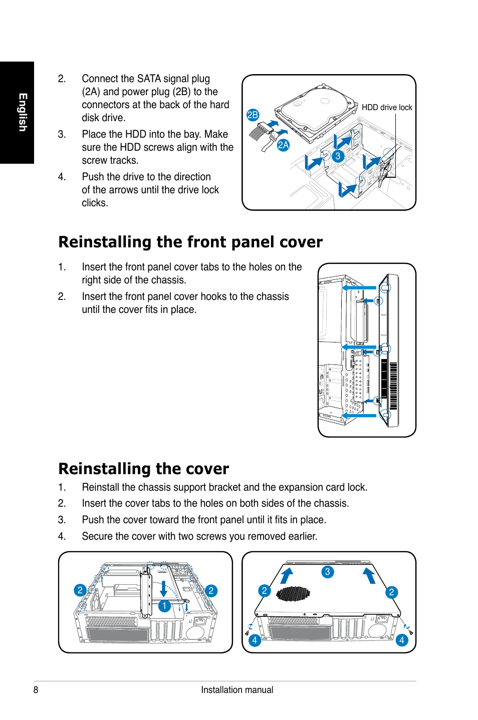 Reinstalling the front panel cover, Reinstalling the cover | Asus P3-PH4 User Manual | Page 8 / 80