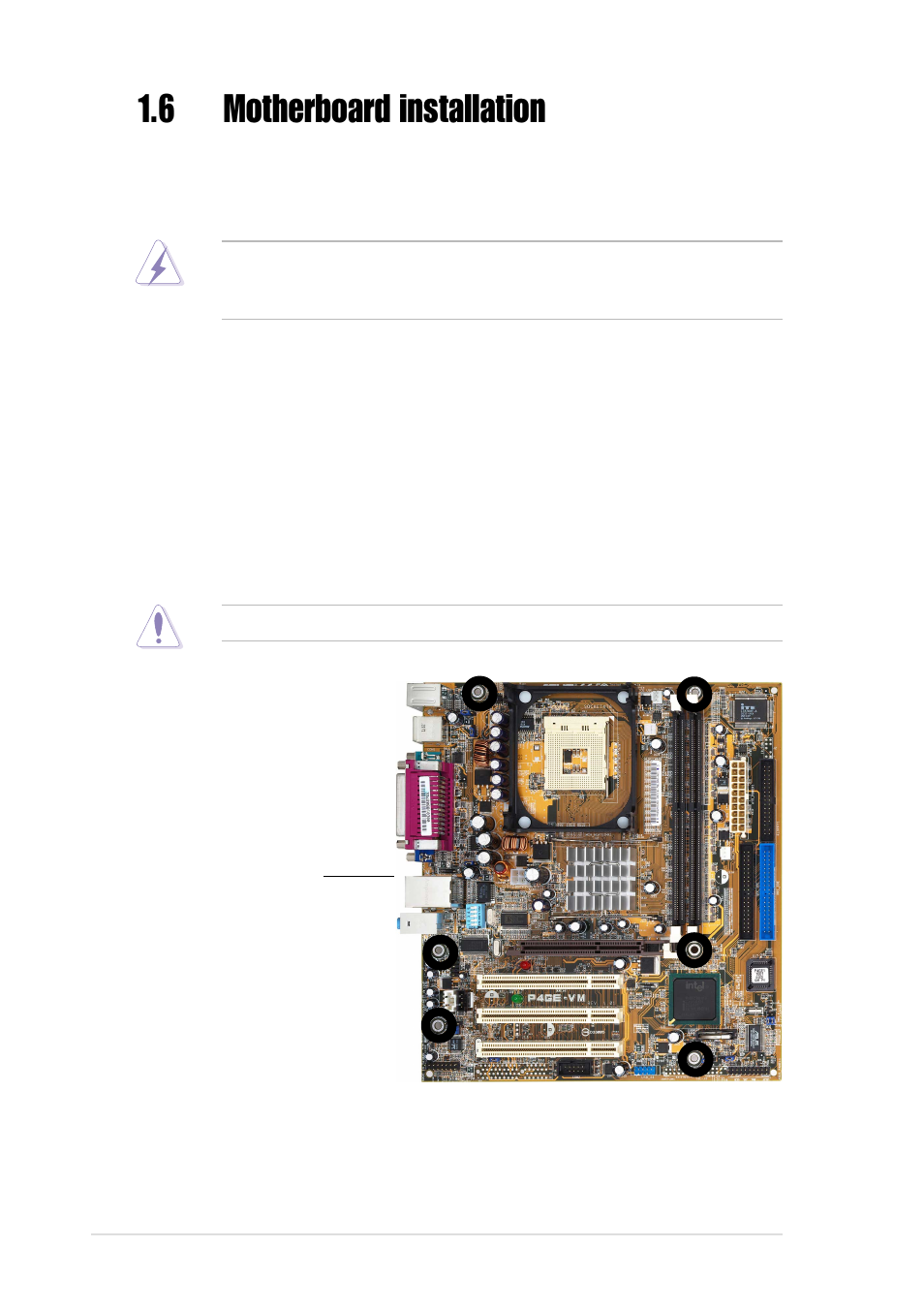 6 motherboard installation, 1 placement direction, 2 screw holes | Asus P4GE-VM User Manual | Page 18 / 64