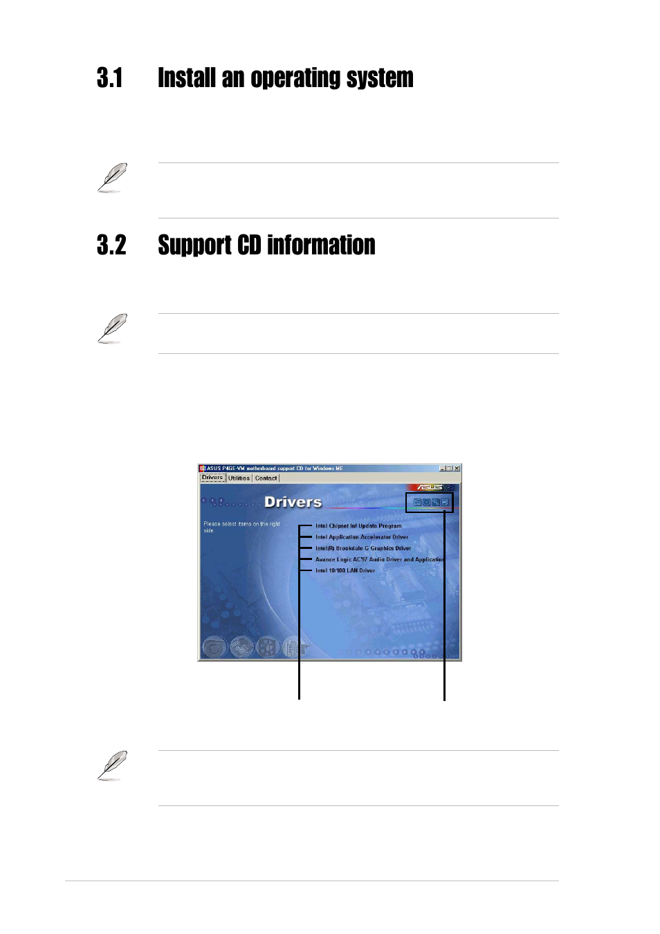 1 install an operating system, 2 support cd information, 1 running the support cd | Asus P4GE-VM User Manual | Page 62 / 64