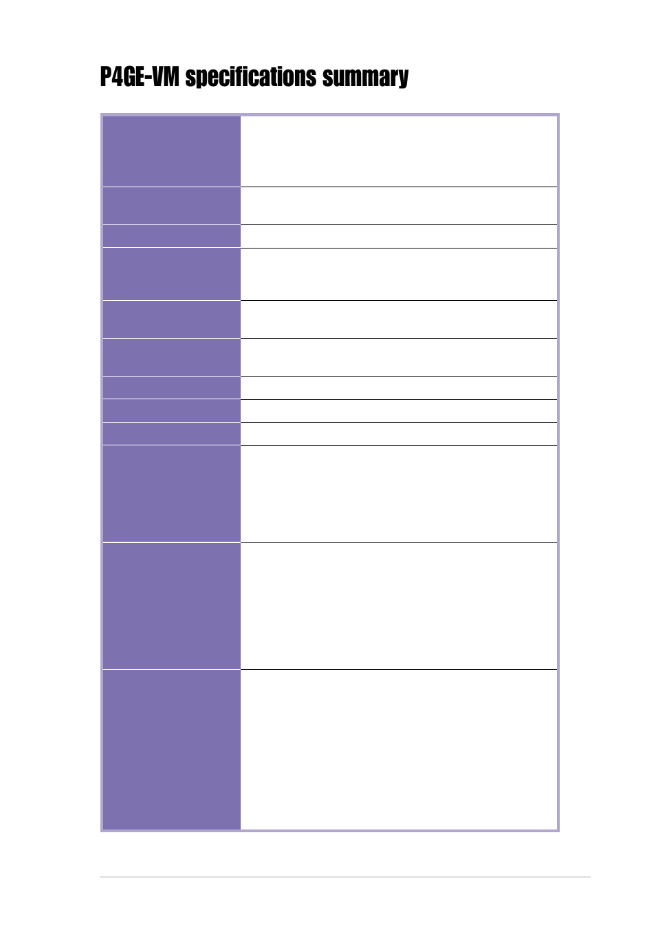 P4ge-vm specifications summary | Asus P4GE-VM User Manual | Page 9 / 64