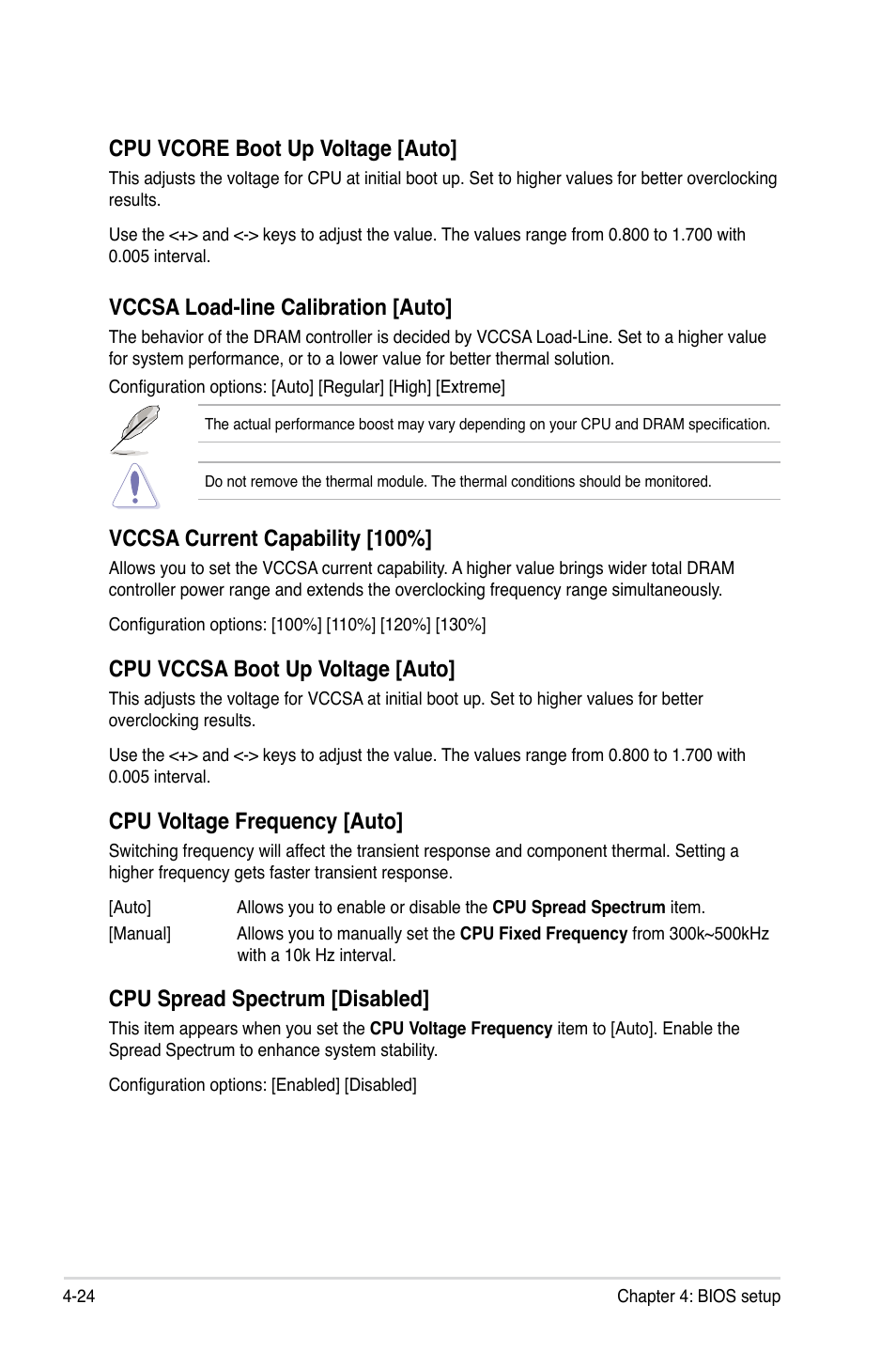 Cpu vcore boot up voltage [auto, Vccsa load-line calibration [auto, Vccsa current capability [100 | Cpu vccsa boot up voltage [auto, Cpu voltage frequency [auto, Cpu spread spectrum [disabled | Asus ESC1000 G2 User Manual | Page 106 / 194