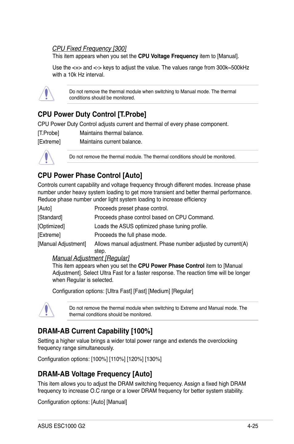 Cpu power duty control [t.probe, Cpu power phase control [auto, Dram-ab current capability [100 | Dram-ab voltage frequency [auto | Asus ESC1000 G2 User Manual | Page 107 / 194