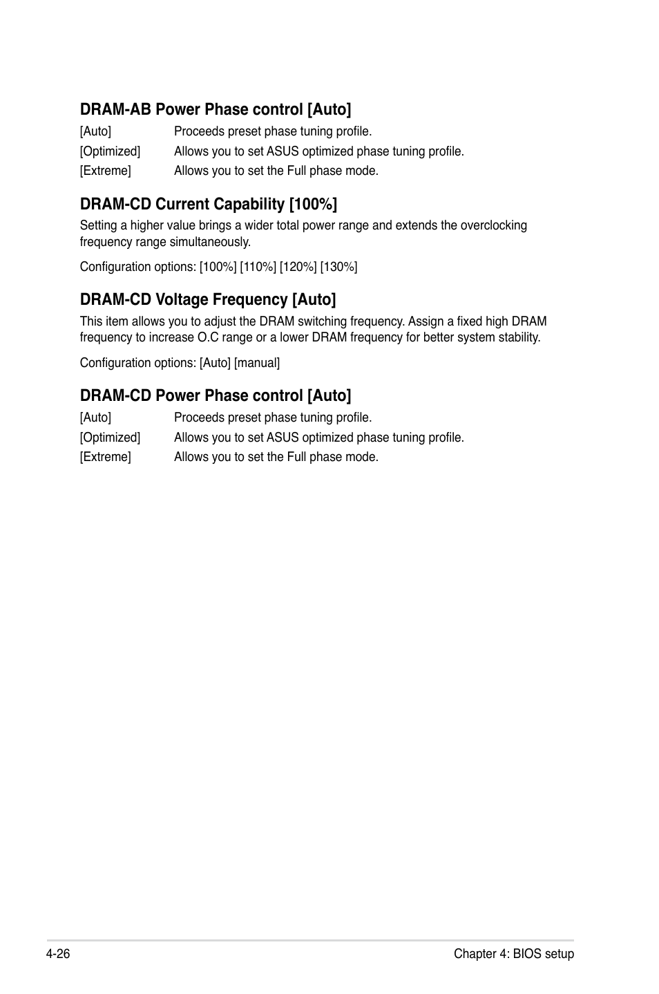 Dram-ab power phase control [auto, Dram-cd current capability [100, Dram-cd voltage frequency [auto | Dram-cd power phase control [auto | Asus ESC1000 G2 User Manual | Page 108 / 194
