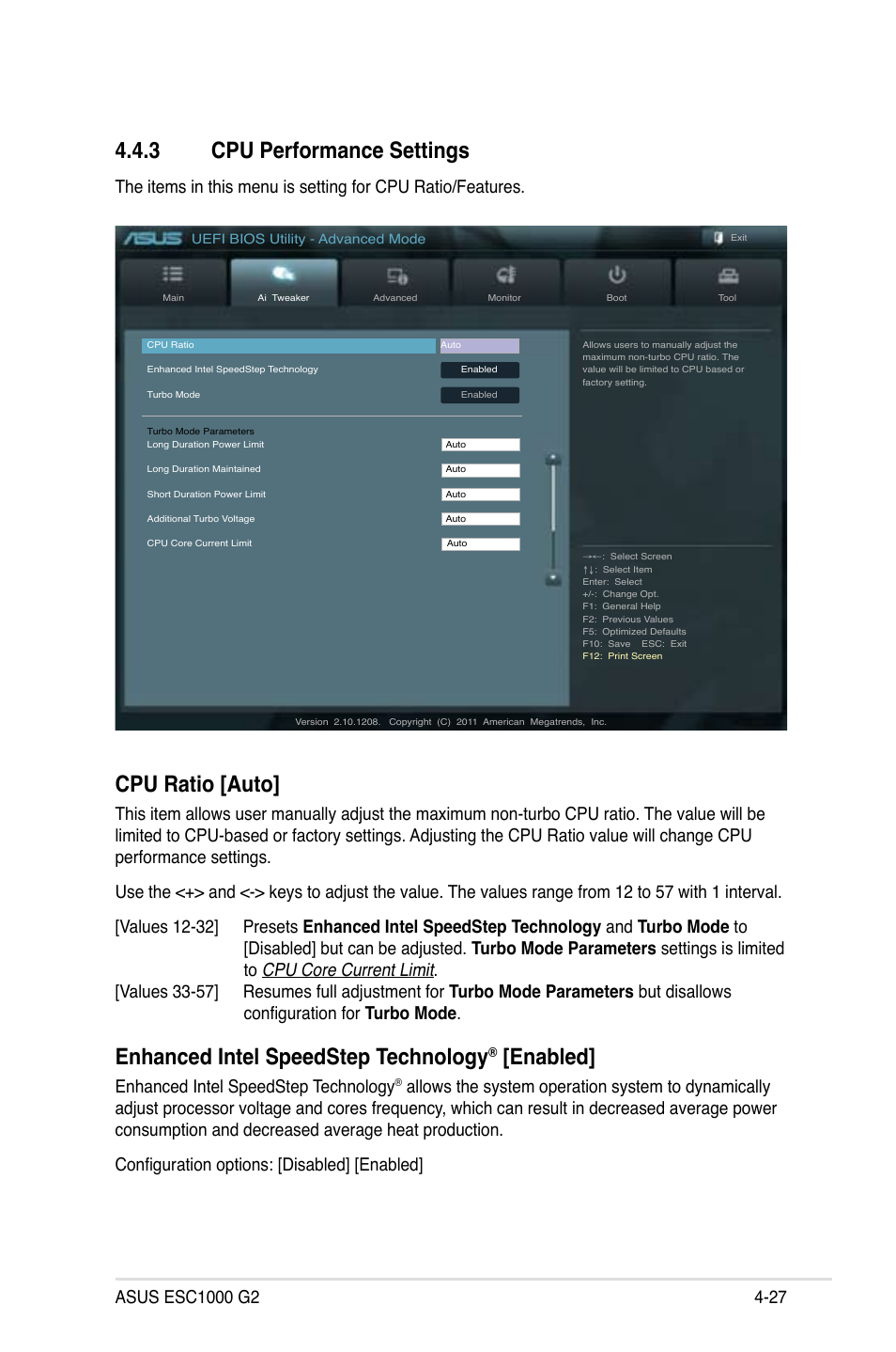 3 cpu performance settings, Cpu performance settings -27, Cpu ratio [auto | Enhanced intel speedstep technology, Enabled | Asus ESC1000 G2 User Manual | Page 109 / 194