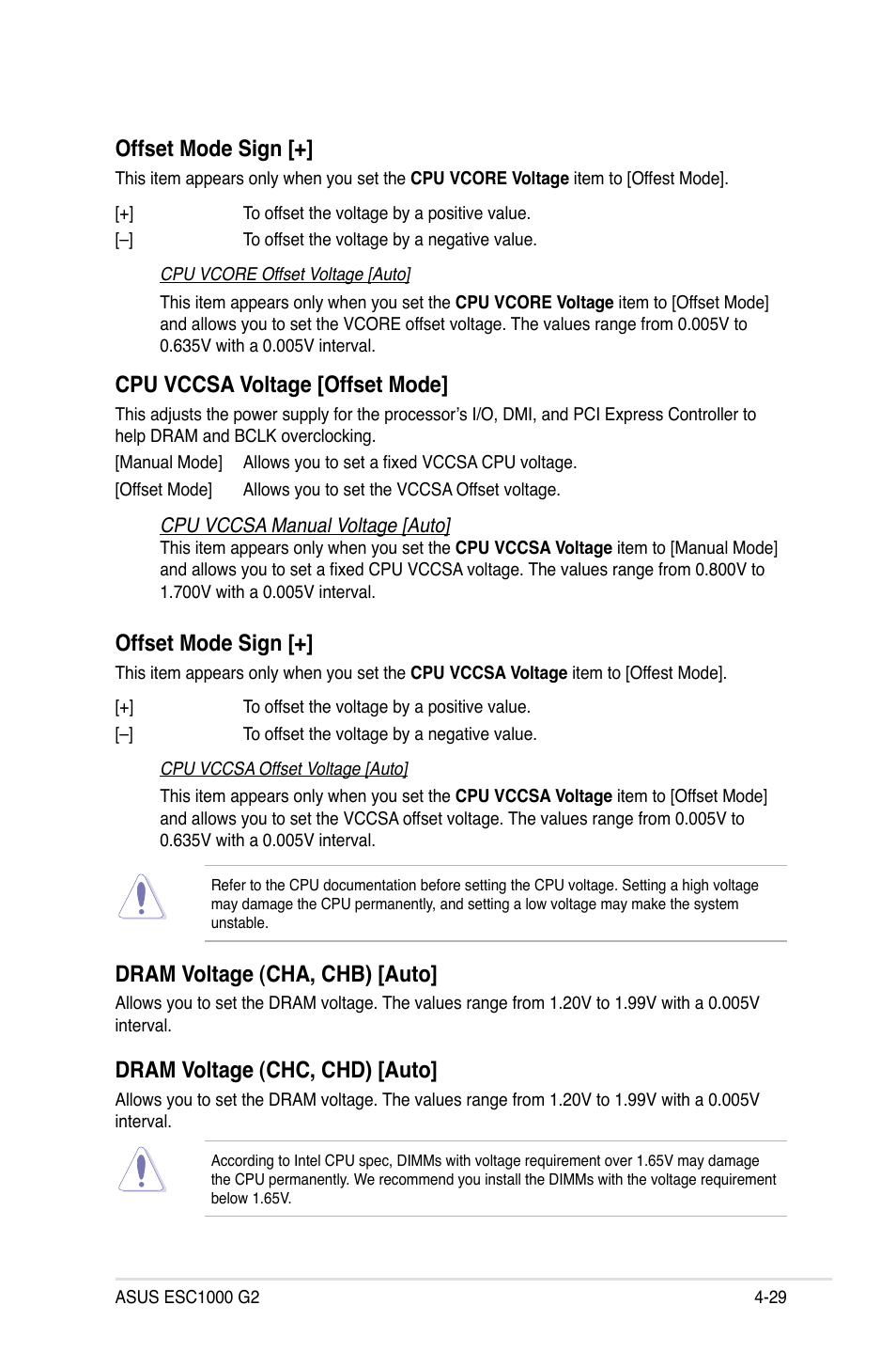 Offset mode sign, Cpu vccsa voltage [offset mode, Dram voltage (cha, chb) [auto | Dram voltage (chc, chd) [auto | Asus ESC1000 G2 User Manual | Page 111 / 194