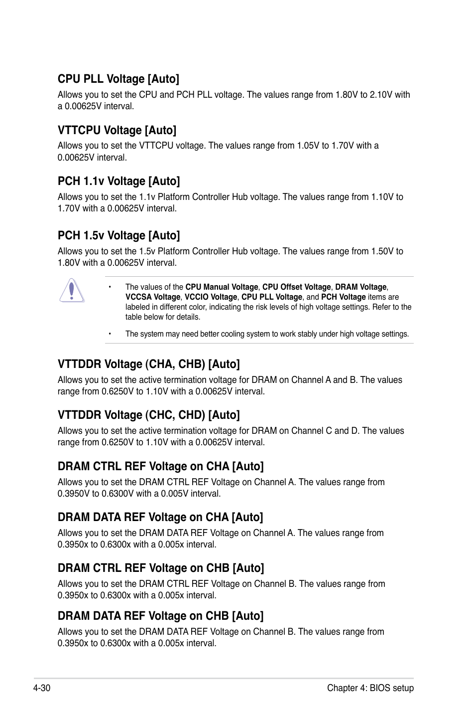 Cpu pll voltage [auto, Vttcpu voltage [auto, Pch 1.1v voltage [auto | Pch 1.5v voltage [auto, Vttddr voltage (cha, chb) [auto, Vttddr voltage (chc, chd) [auto, Dram ctrl ref voltage on cha [auto, Dram data ref voltage on cha [auto, Dram ctrl ref voltage on chb [auto, Dram data ref voltage on chb [auto | Asus ESC1000 G2 User Manual | Page 112 / 194