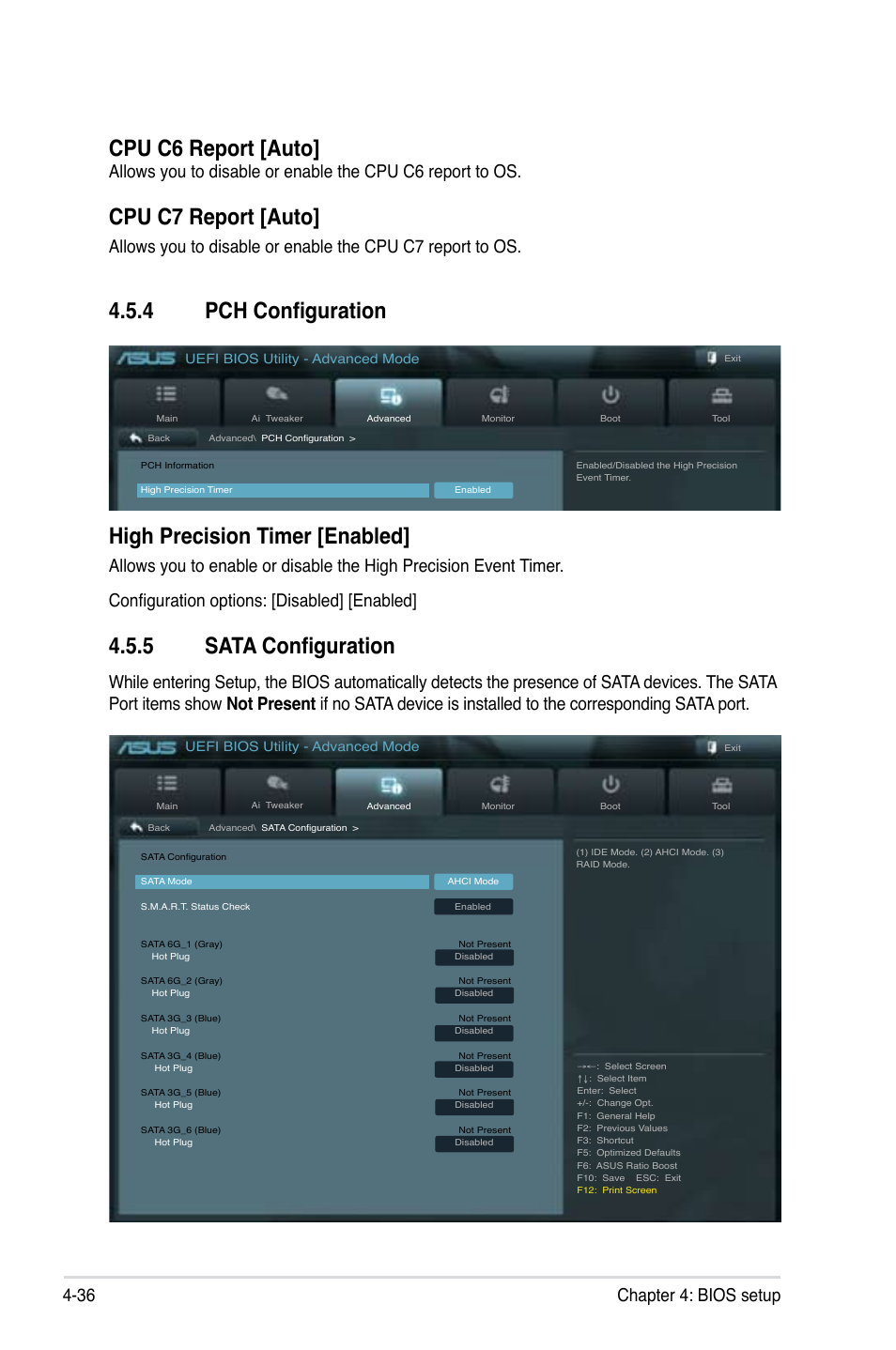 4 pch configuration, 5 sata configuration, Pch configuration -36 | Sata configuration -36, Cpu c6 report [auto, Cpu c7 report [auto, High precision timer [enabled, 36 chapter 4: bios setup | Asus ESC1000 G2 User Manual | Page 118 / 194