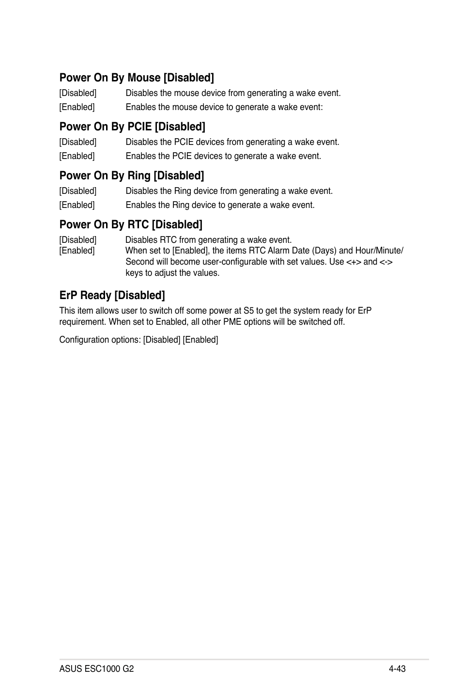 Power on by mouse [disabled, Power on by pcie [disabled, Power on by ring [disabled | Power on by rtc [disabled, Erp ready [disabled | Asus ESC1000 G2 User Manual | Page 125 / 194
