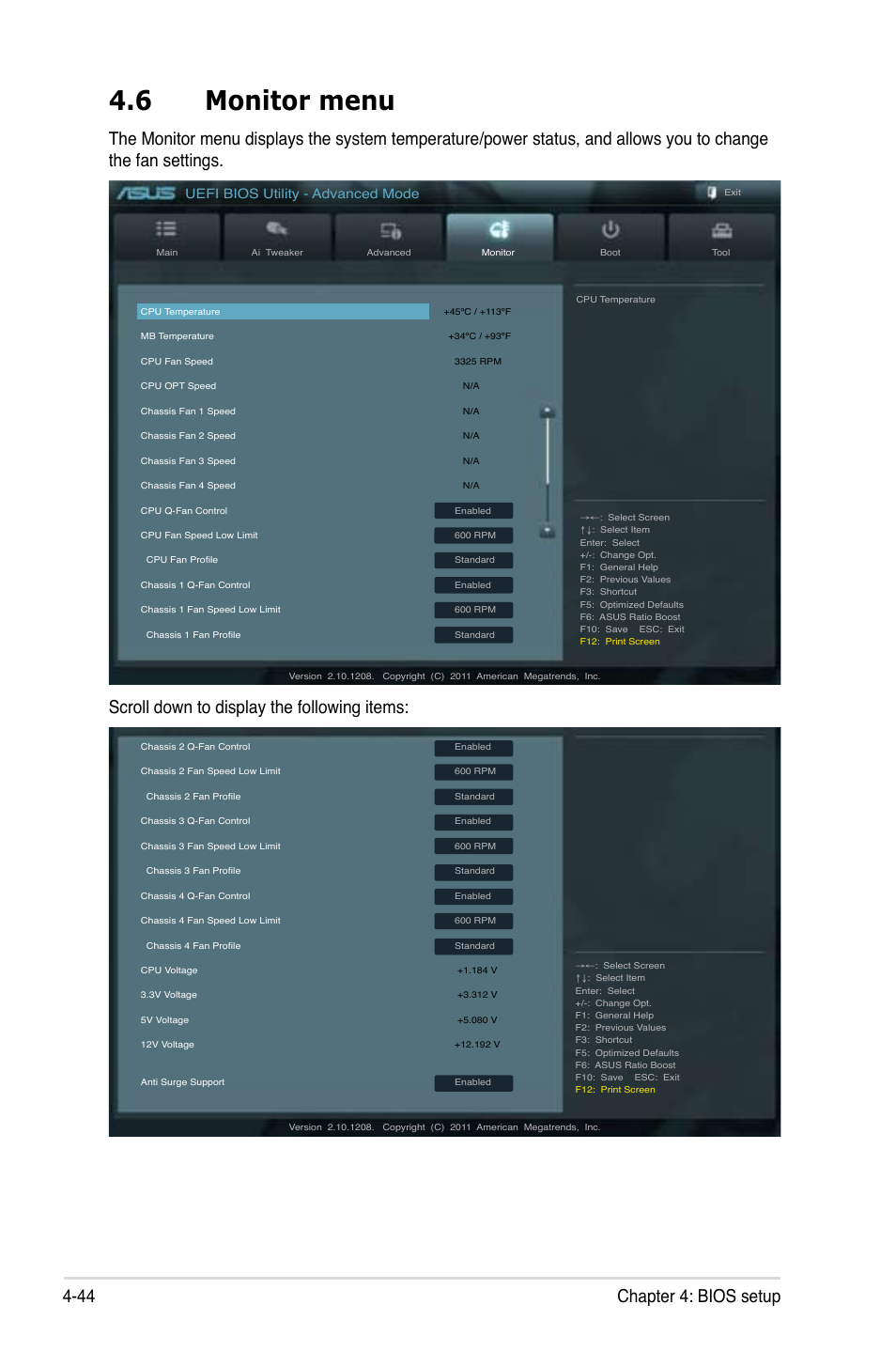 6 monitor menu, Monitor menu -44, 44 chapter 4: bios setup | Uefi bios utility - advanced mode | Asus ESC1000 G2 User Manual | Page 126 / 194