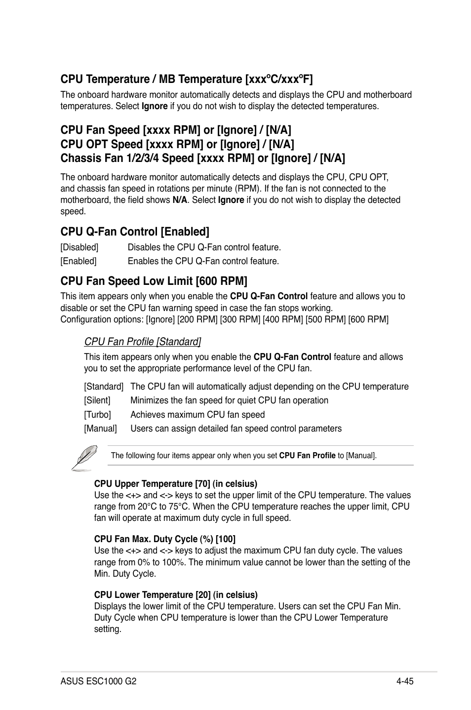 Cpu temperature / mb temperature [xxxºc/xxxºf, Cpu q-fan control [enabled, Cpu fan speed low limit [600 rpm | Asus ESC1000 G2 User Manual | Page 127 / 194