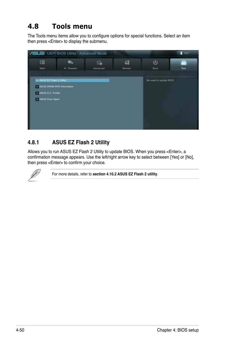 8 tools menu, 1 asus ez flash 2 utility, Tools menu -50 4.8.1 | Asus ez flash 2 utility -50, 50 chapter 4: bios setup | Asus ESC1000 G2 User Manual | Page 132 / 194