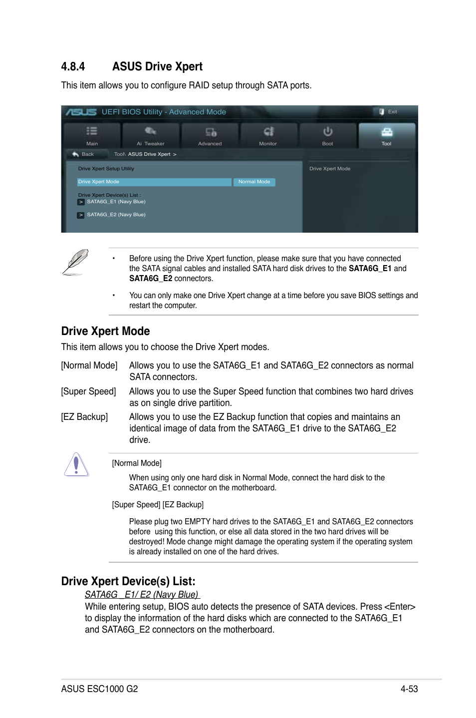 4 asus drive xpert, Asus drive xpert -53, Drive xpert mode | Drive xpert device(s) list | Asus ESC1000 G2 User Manual | Page 135 / 194