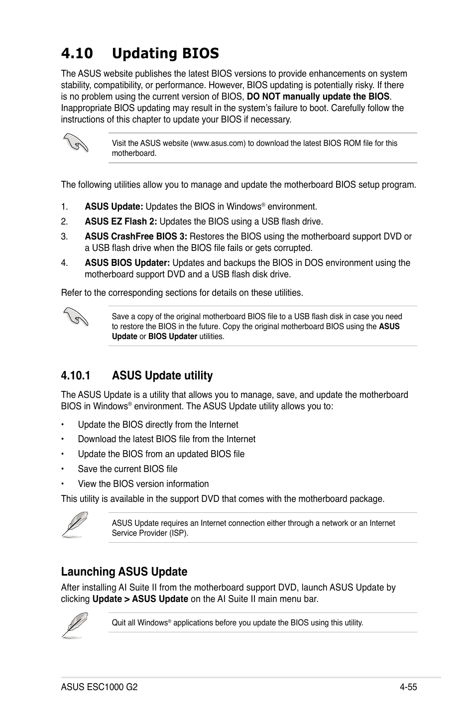 10 updating bios, 1 asus update utility, 10 updating bios -55 | 1 asus update utility -55, Launching asus update | Asus ESC1000 G2 User Manual | Page 137 / 194