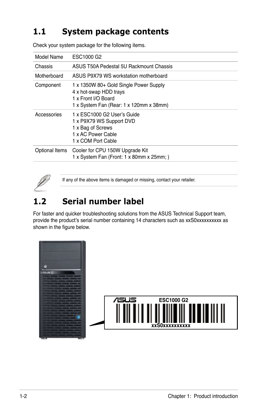 1 system package contents, 2 serial number label, System package contents -2 | Serial number label -2 | Asus ESC1000 G2 User Manual | Page 14 / 194