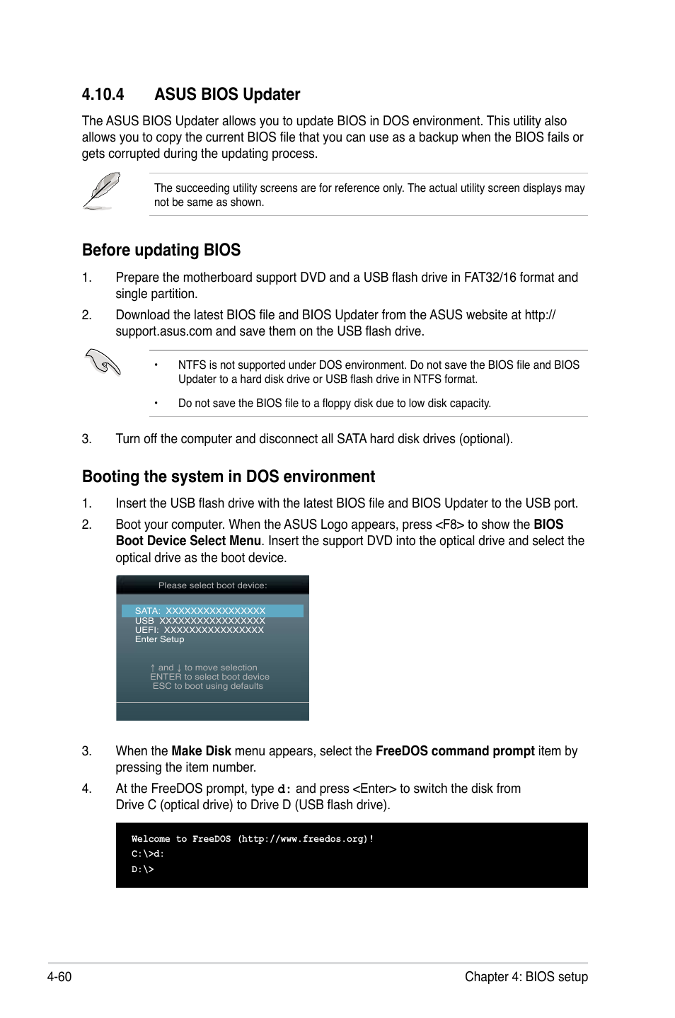4 asus bios updater, 4 asus bios updater -60, Booting the system in dos environment | Before updating bios | Asus ESC1000 G2 User Manual | Page 142 / 194