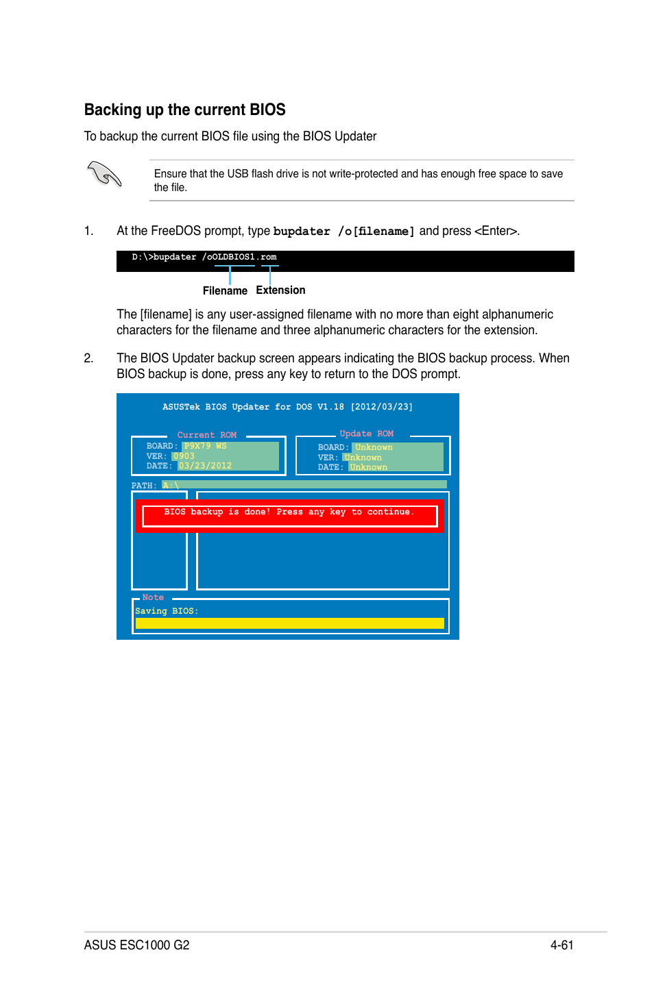 Backing up the current bios | Asus ESC1000 G2 User Manual | Page 143 / 194