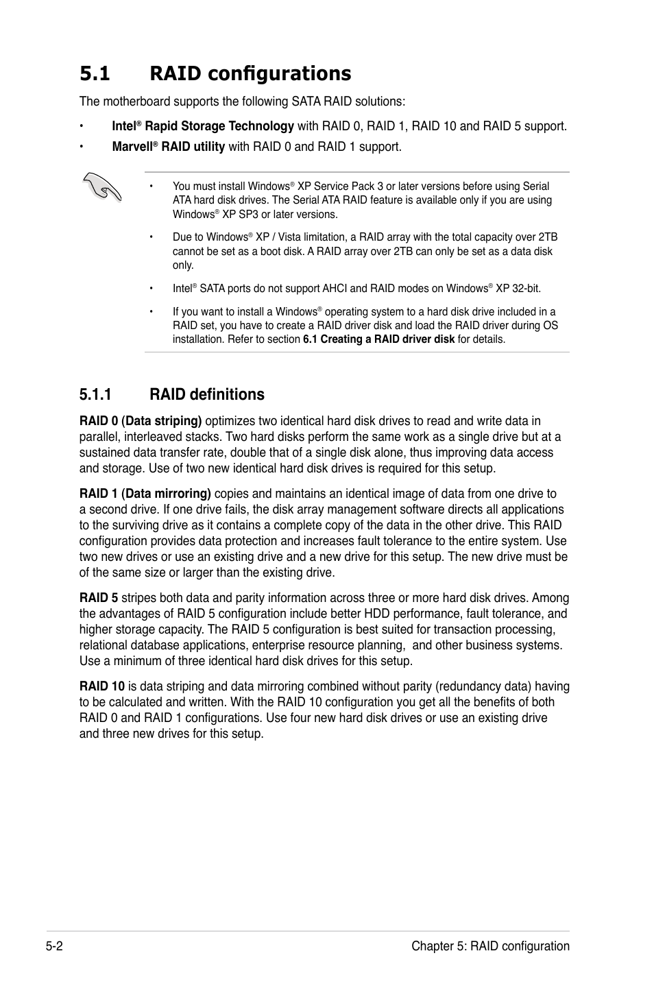 1 raid configurations, 1 raid definitions, Raid configurations -2 5.1.1 | Raid definitions -2 | Asus ESC1000 G2 User Manual | Page 146 / 194