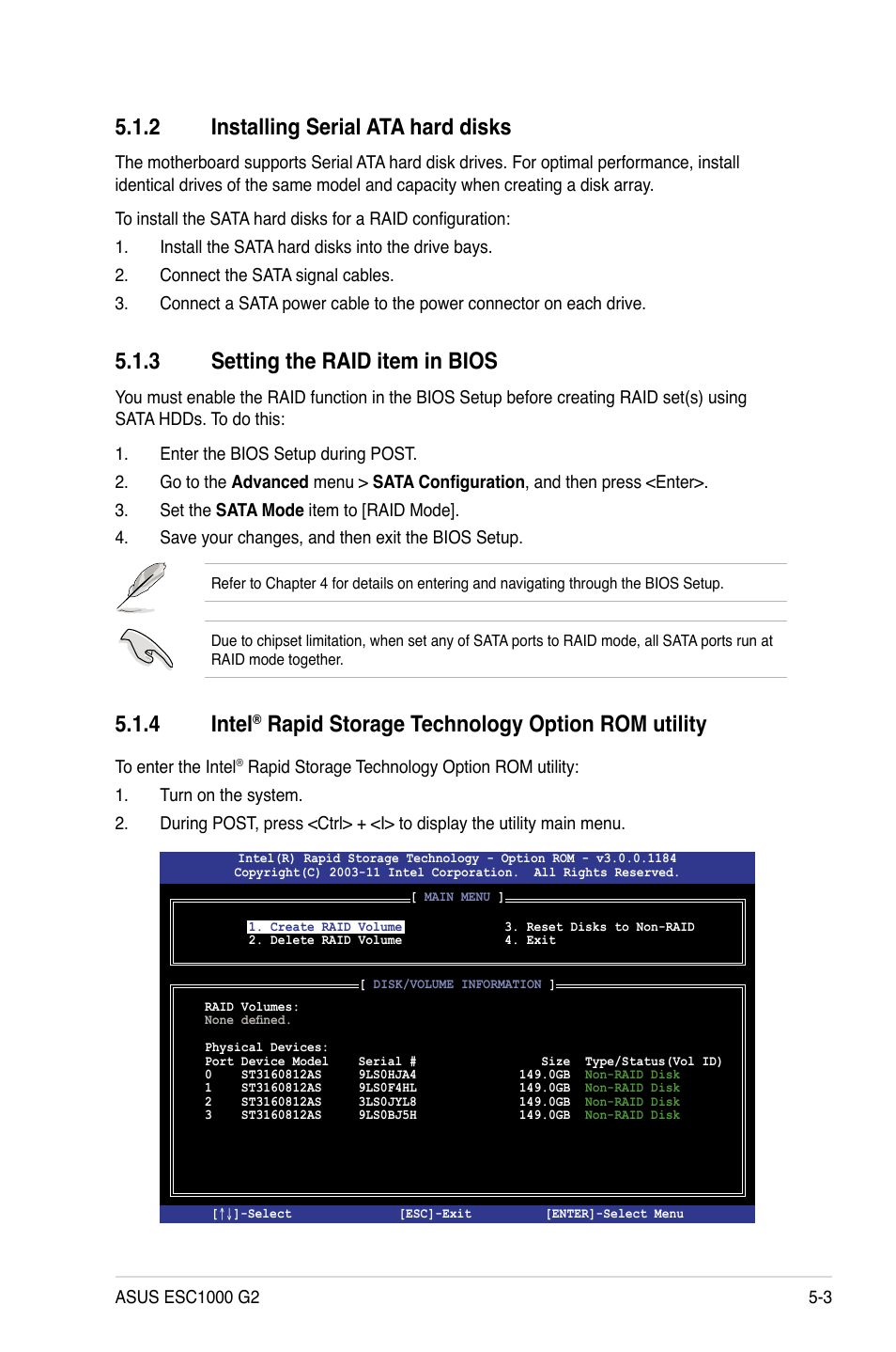 2 installing serial ata hard disks, 3 setting the raid item in bios, Installing serial ata hard disks -3 | Setting the raid item in bios -3, Intel, Rapid storage technology option rom utility -3, 4 intel, Rapid storage technology option rom utility | Asus ESC1000 G2 User Manual | Page 147 / 194