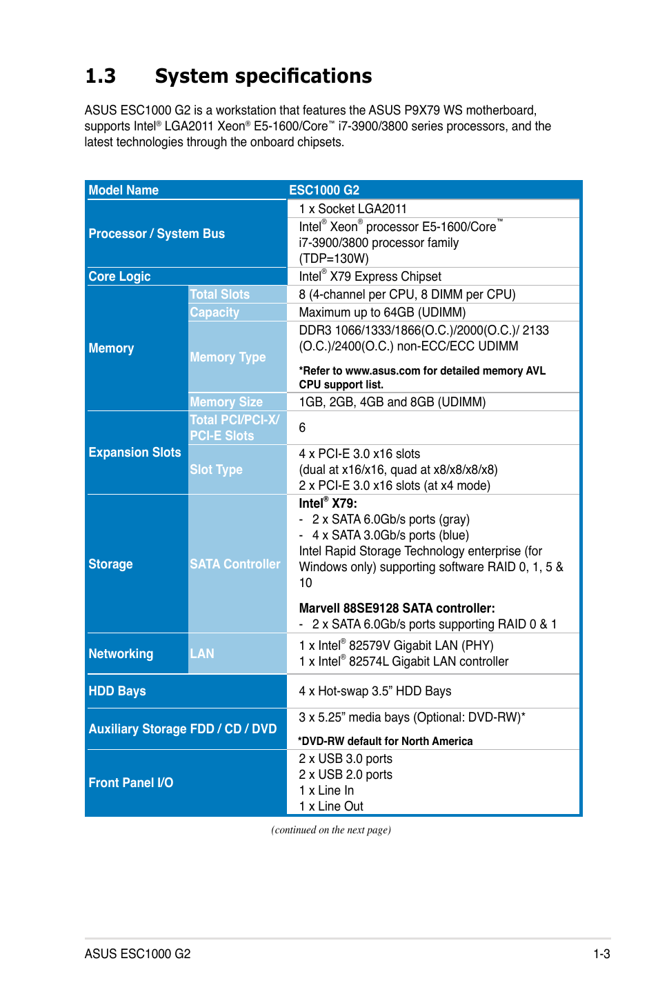 3 system specifications, System specifications -3 | Asus ESC1000 G2 User Manual | Page 15 / 194