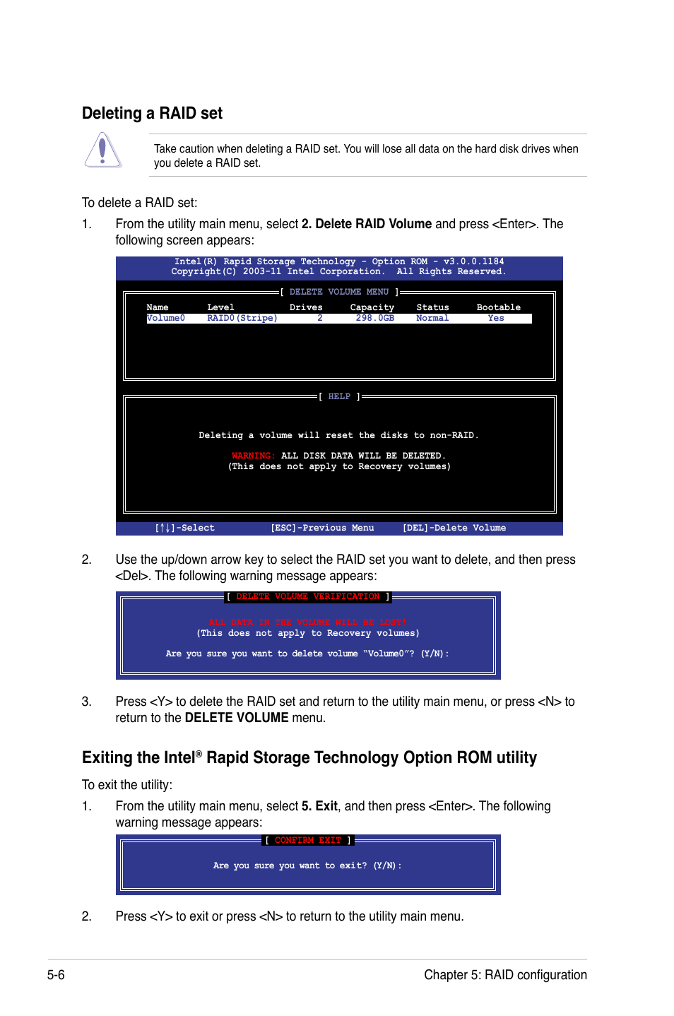 Deleting a raid set, Exiting the intel, Rapid storage technology option rom utility | Asus ESC1000 G2 User Manual | Page 150 / 194