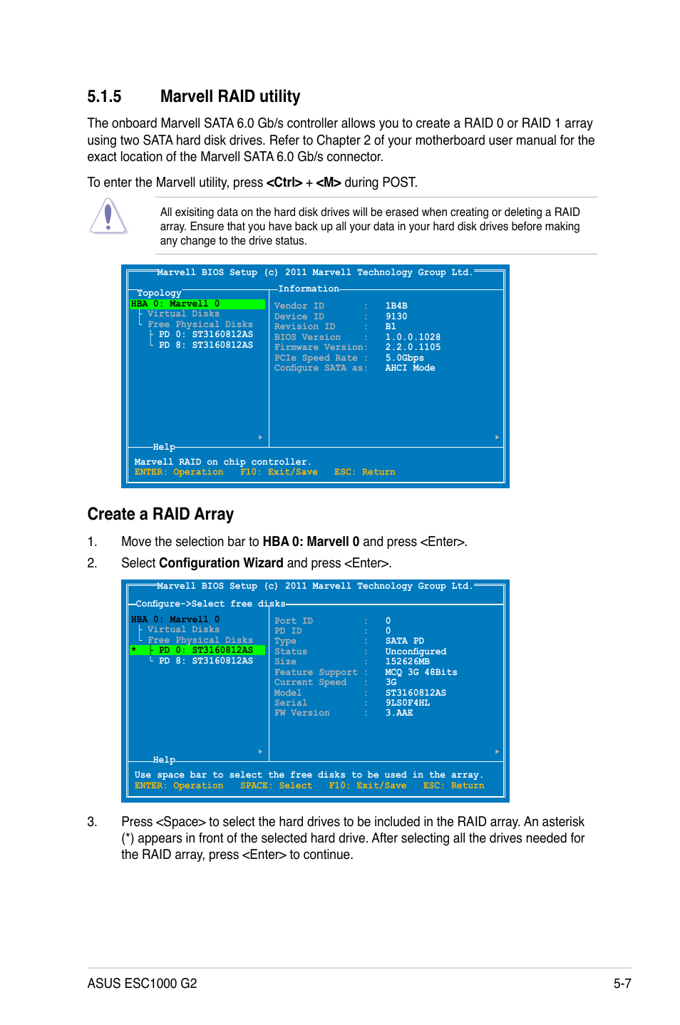 5 marvell raid utility, Marvell raid utility -7, Create a raid array | Asus ESC1000 G2 User Manual | Page 151 / 194