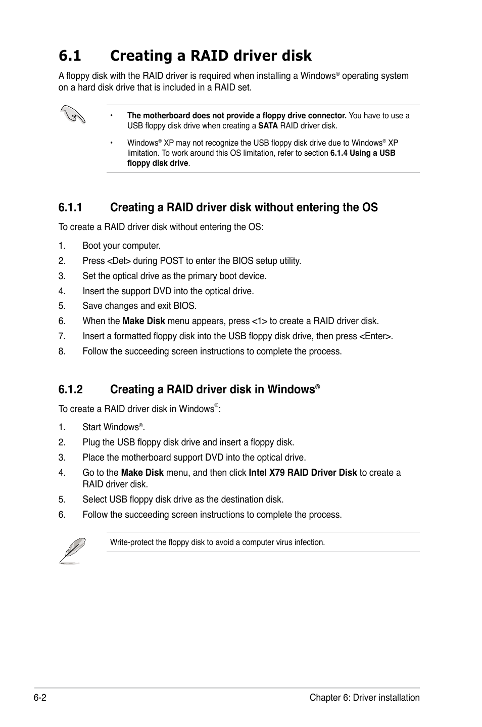 1 creating a raid driver disk, 2 creating a raid driver disk in windows, Creating a raid driver disk -2 6.1.1 | Creating a raid driver disk in windows | Asus ESC1000 G2 User Manual | Page 156 / 194