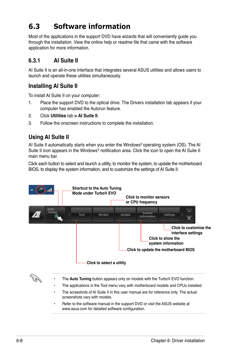 3 software information, 1 ai suite ii, Software information -8 6.3.1 | Ai suite ii -8, Installing ai suite ii, Using ai suite ii | Asus ESC1000 G2 User Manual | Page 162 / 194