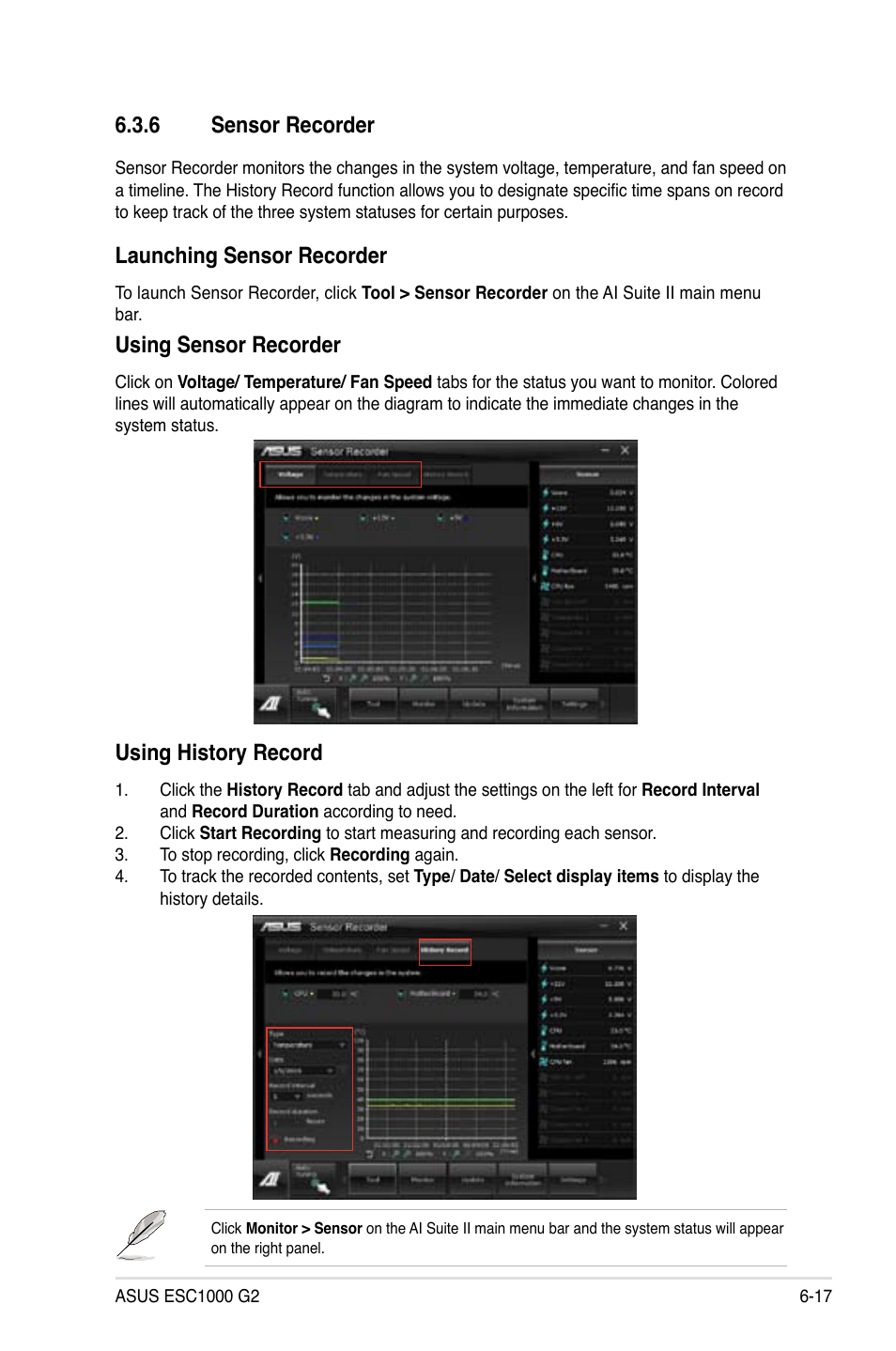 6 sensor recorder, Sensor recorder -17, Launching sensor recorder | Using sensor recorder, Using history record | Asus ESC1000 G2 User Manual | Page 171 / 194