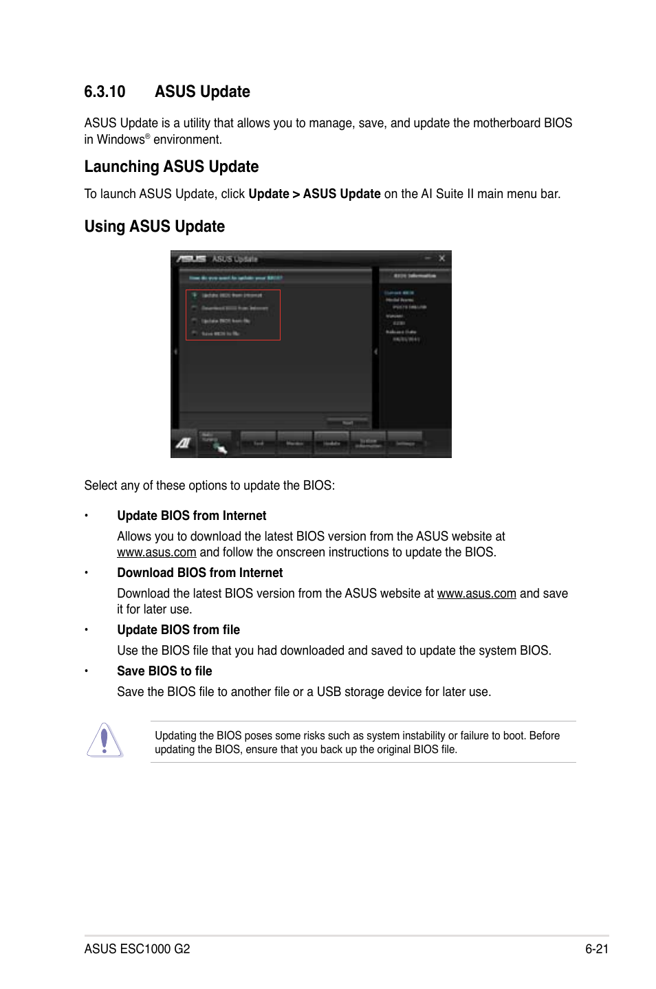 10 asus update, 10 asus update -21, Launching asus update | Using asus update | Asus ESC1000 G2 User Manual | Page 175 / 194
