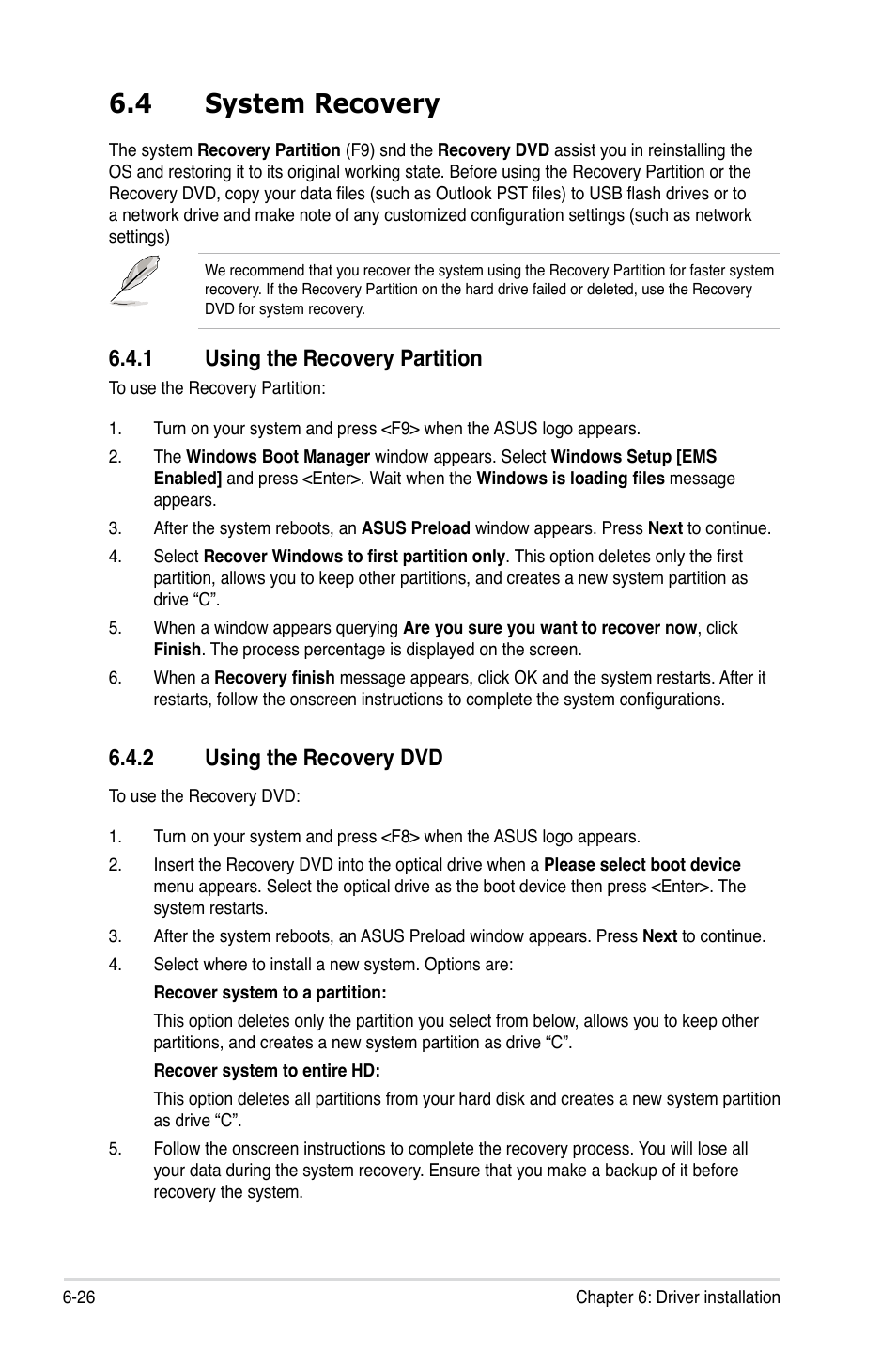 4 system recovery, 1 using the recovery partition, 2 using the recovery dvd | System recovery -26 6.4.1, Using the recovery partition -26, Using the recovery dvd -26 | Asus ESC1000 G2 User Manual | Page 180 / 194