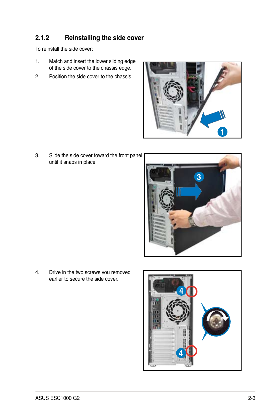 2 reinstalling the side cover, Reinstalling the side cover -3 | Asus ESC1000 G2 User Manual | Page 23 / 194