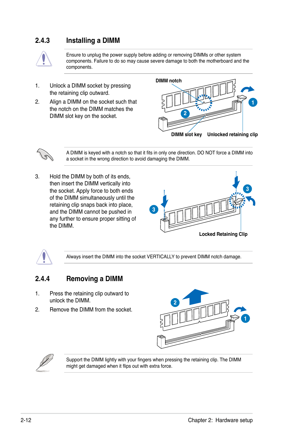 3 installing a dimm, 4 removing a dimm, Installing a dimm -12 | Removing a dimm -12 | Asus ESC1000 G2 User Manual | Page 32 / 194