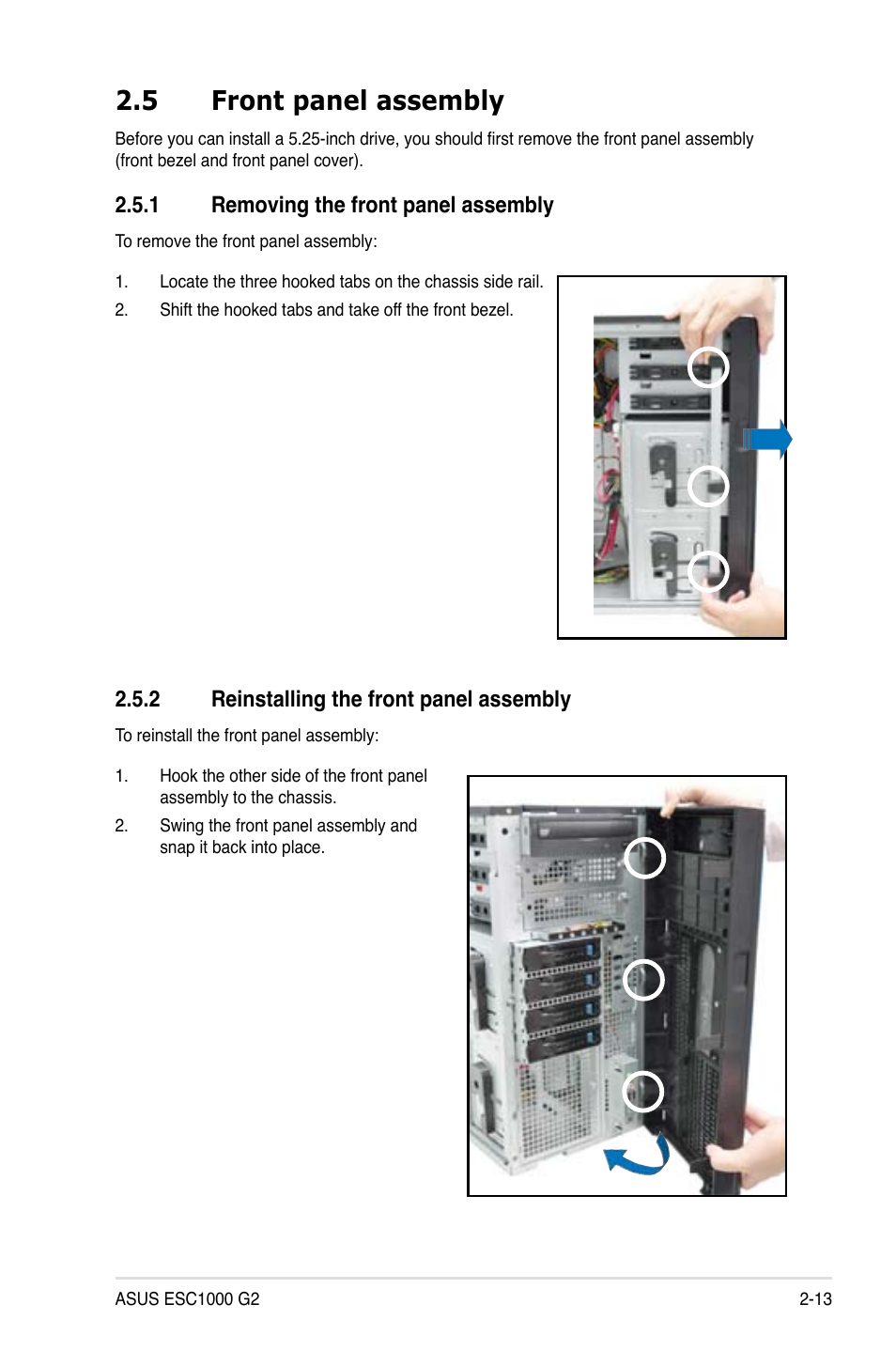 5 front panel assembly, 1 removing the front panel assembly, 2 reinstalling the front panel assembly | Front panel assembly -13 2.5.1, Removing the front panel assembly -13, Reinstalling the front panel assembly -13 | Asus ESC1000 G2 User Manual | Page 33 / 194