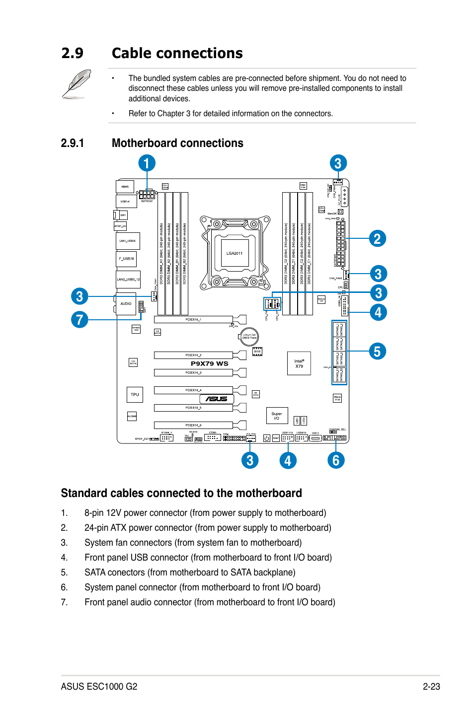 9 cable connections, 1 motherboard connections, Cable connections -23 2.9.1 | Motherboard connections -23 | Asus ESC1000 G2 User Manual | Page 43 / 194