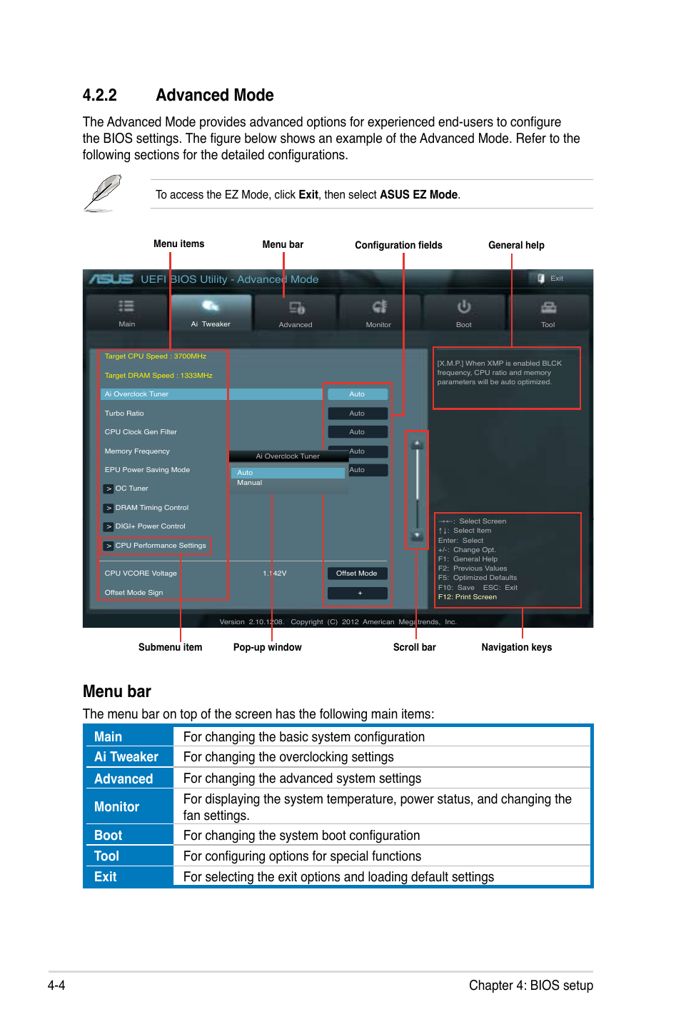 2 advanced mode, Advanced mode -4, Menu bar | 4 chapter 4: bios setup | Asus ESC1000 G2 User Manual | Page 86 / 194