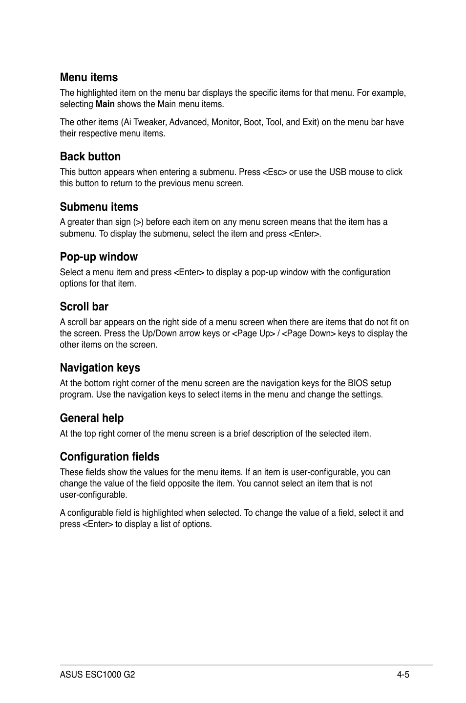 Menu items, Back button, Submenu items | Pop-up window, Scroll bar, Navigation keys, General help, Configuration fields | Asus ESC1000 G2 User Manual | Page 87 / 194