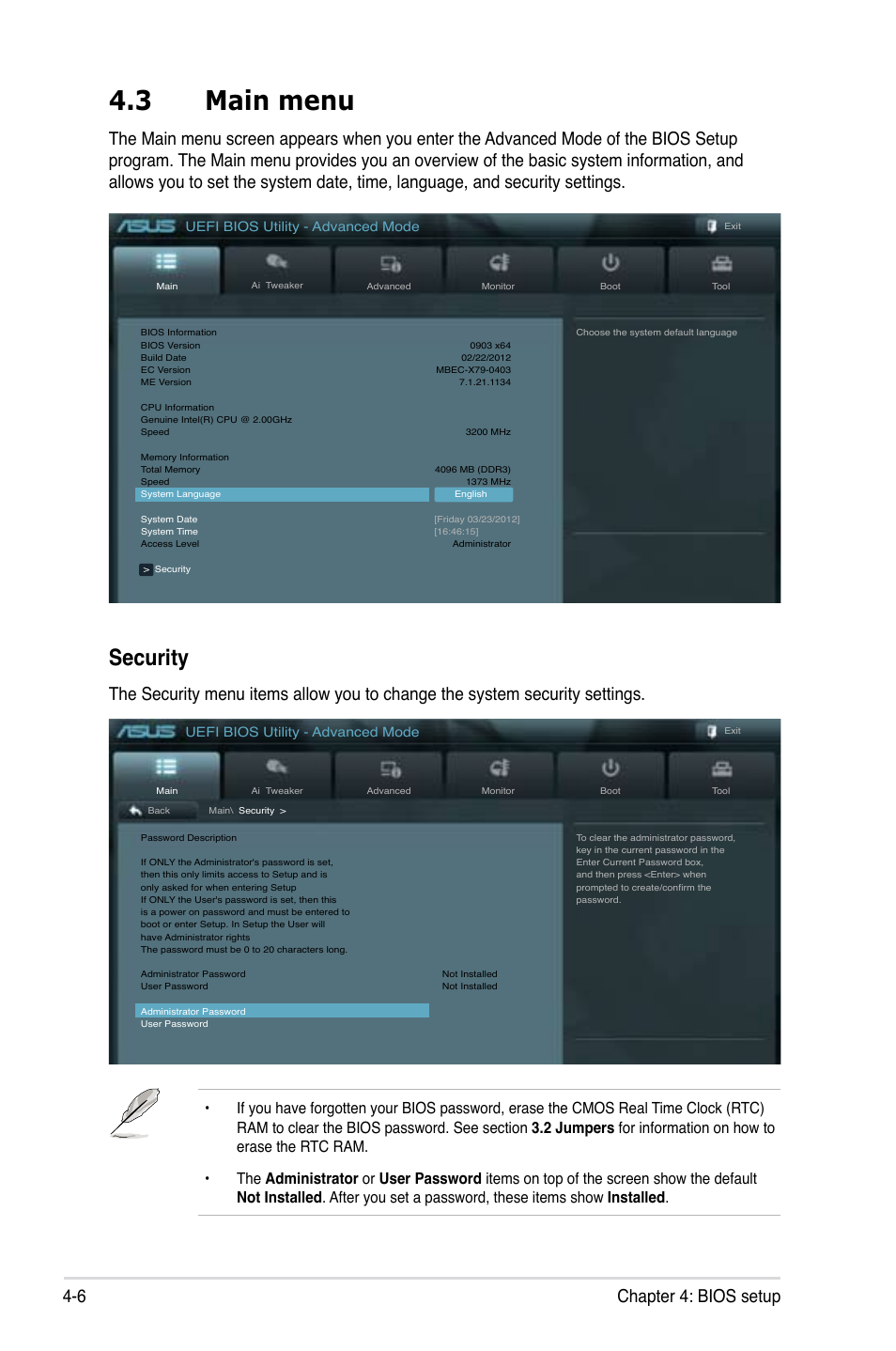 3 main menu, Main menu -6, Security | 6 chapter 4: bios setup | Asus ESC1000 G2 User Manual | Page 88 / 194
