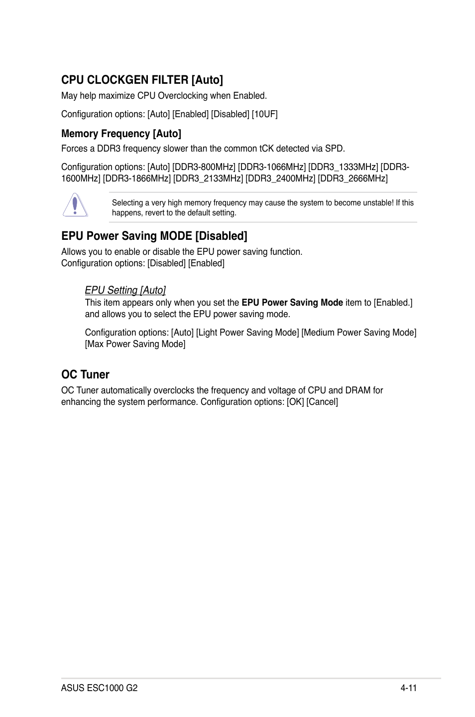 Cpu clockgen filter [auto, Epu power saving mode [disabled, Oc tuner | Asus ESC1000 G2 User Manual | Page 93 / 194