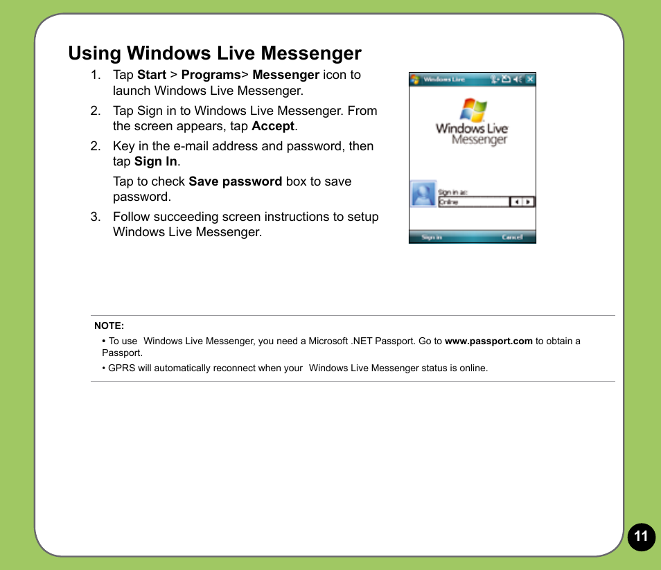 Using windows live messenger | Asus P735 User Manual | Page 11 / 28