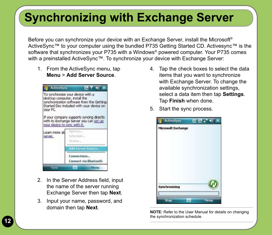 Synchronizing with exchange server | Asus P735 User Manual | Page 12 / 28