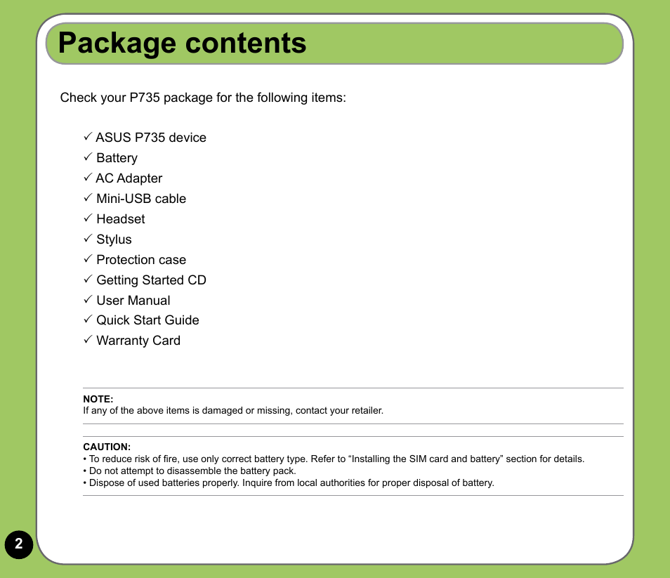 Package contents | Asus P735 User Manual | Page 2 / 28