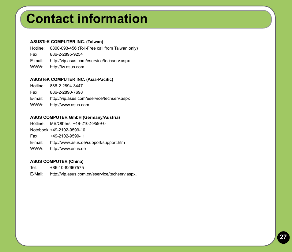 Contact information | Asus P735 User Manual | Page 27 / 28